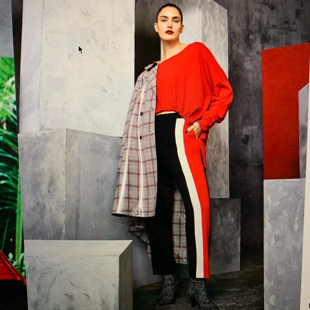 Marina Rinaldi Red Dolman Top with Black Trousers and Red-White Side Stripe